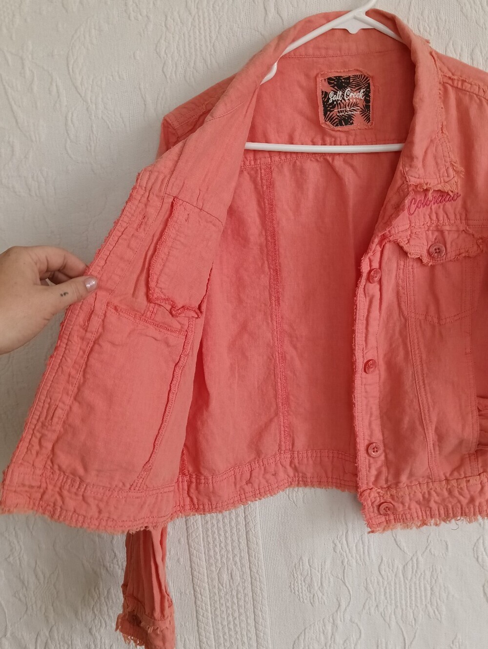 Colorado Logo Denim Jacket Coral Pink Frayed Edges Lightweight - Picture 7 of 13